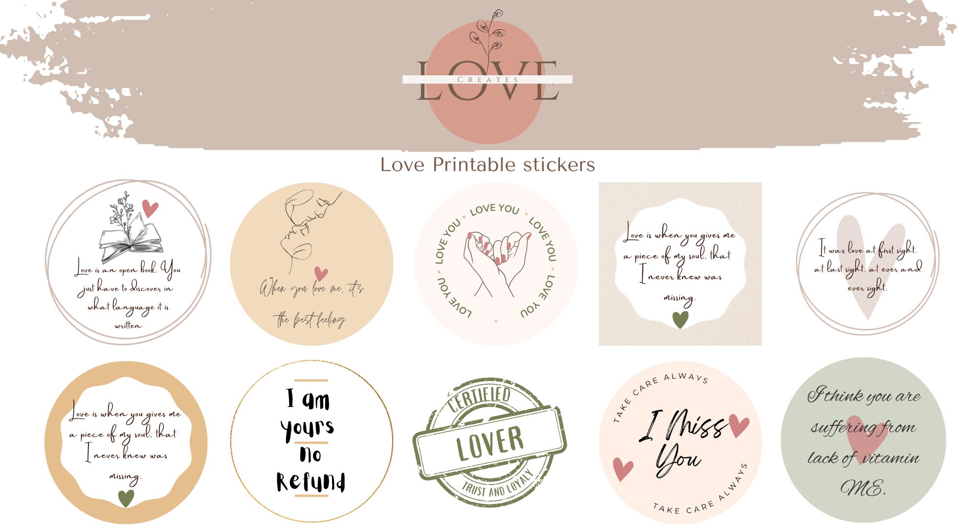100+ Love printable sticker bundle | for mugs | notes | scrapbooking | Gift | Anniversary | Dating | PNG, SVG, PDF