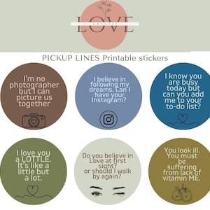 May include: A set of ten printable stickers featuring pickup lines. The stickers are round and come in a variety of colours and illustrations. The text on the stickers includes phrases such as "I'm no photographer but I can picture us together" and "You bring darkness. Because when I found you, I can't see anyone else."