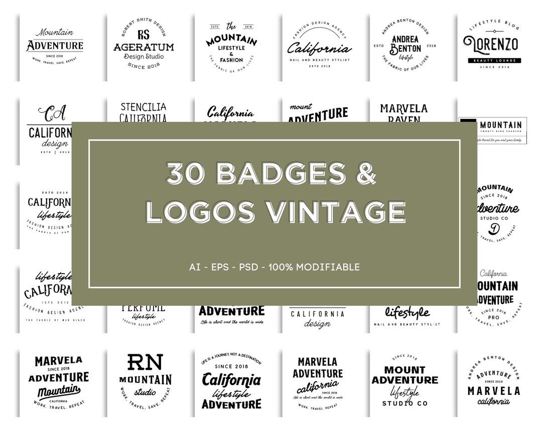 30 Clean Vintage Logos - Editable Pack AI, EPS, PSD - Etsy