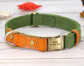 Personalized leather collar for dog, engraved pet identification tag, for small, medium and large size.