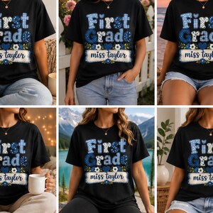 May include: A black short-sleeved t-shirt featuring the text First Grade in a blue and white plaid pattern, with the name miss taylor printed below in a script font on a white banner, surrounded by blue floral and heart graphic accents.