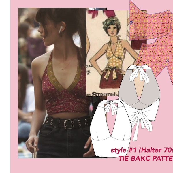 PDF Halter Crop Top Sewing Pattern|Digital sewing pattern|US Size 2 TO 14 |halter neck bralet style cropped-top, with tie back fastening