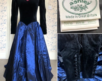 Laura Ashley 1980s black velvet & shimmery blue acetate party dress, size 6/8 U.K.