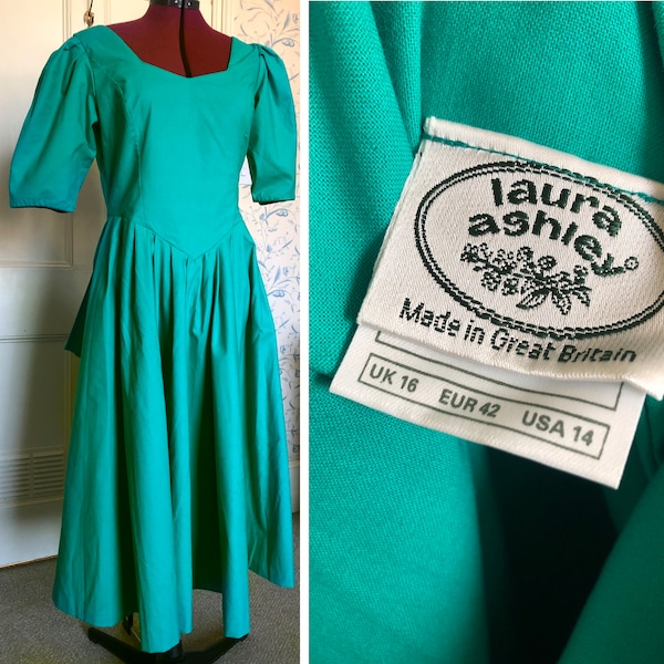 Laura Ashley smaragdgroene Bustle-jurk uit de jaren 80, UK 16. Prom eighties fashion