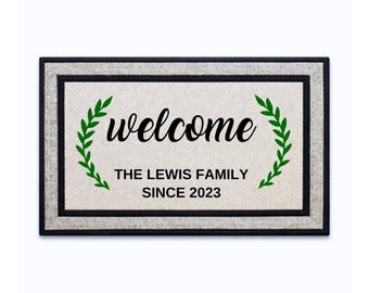 Custom Door Mat 18x30 - Personalized Family Name with Wreath Doormat with Non-Slip Rubber Backing and Polyester Top - Made in USA
