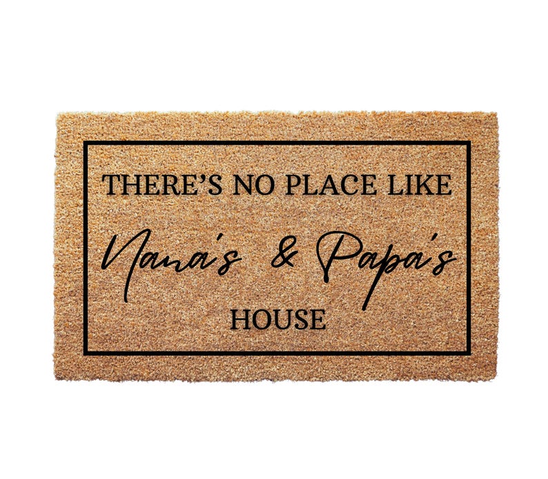 A brown door mat with black text