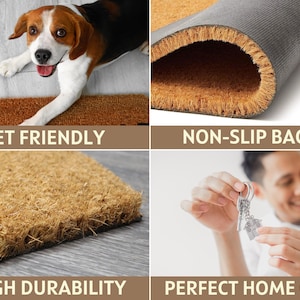 May include: A brown coir doormat with a non-slip backing, shown with a dog. The mat is labeled "Pet Friendly" and "High Durability". The image also shows the text "Perfect Home Gift".