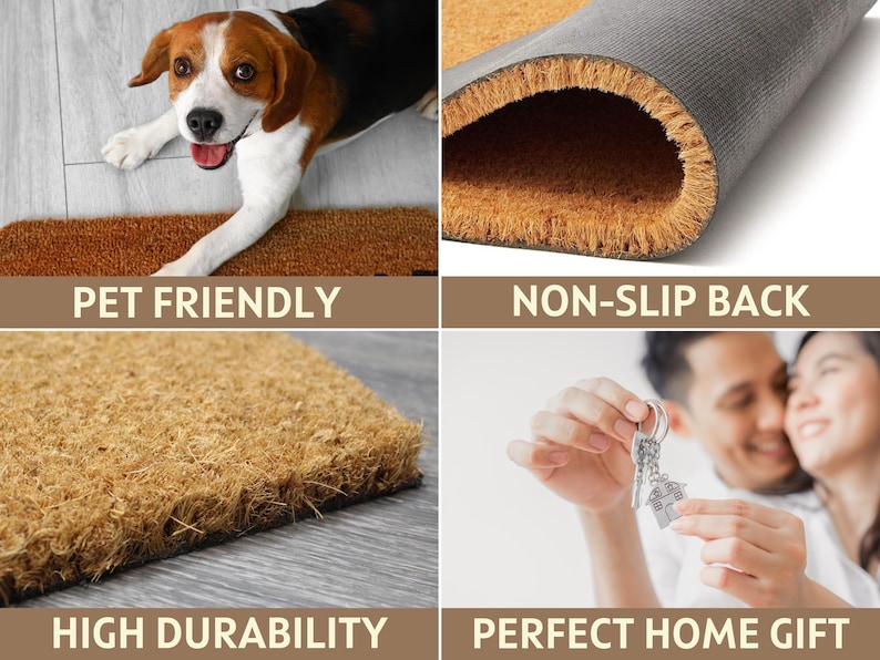 May include: A brown coir doormat with a non-slip backing, shown with a dog. The mat is labeled "Pet Friendly" and "High Durability". The image also shows the text "Perfect Home Gift".