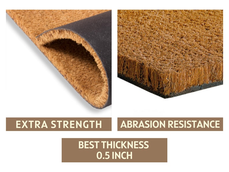 May include: Close-up of a brown coir doormat with a black backing. The mat is 0.5 inches thick and features text that reads "EXTRA STRENGTH" and "ABRASION RESISTANCE". The doormat is designed for durability and is suitable for outdoor use.