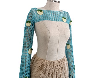 Top en tricot citron, haut en maille avec motif citron, haut court au crochet, haut court d’été Y2k, haut filles élégant, haut citron au crochet, haut en maille à manches longues