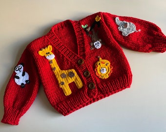 forest animals sweater for sale, knitted sweater for children, crochet kids sweater, elephant, monkey, lion, panda and giraffe motif sweater