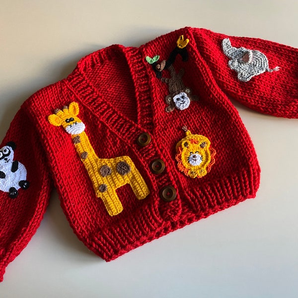 forest animals sweater for sale, knitted sweater for children, crochet kids sweater, elephant, monkey, lion, panda and giraffe motif sweater