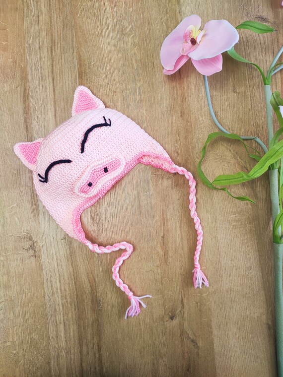Handmade Crochet Pink Piggy Hat Child Pig Crochet Animal Costume Hat, Handmade Winter Knit  main image 4