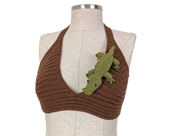 Detachable Crocodile And Snake Applique Crop, Summer Top, Knit Halter Top
