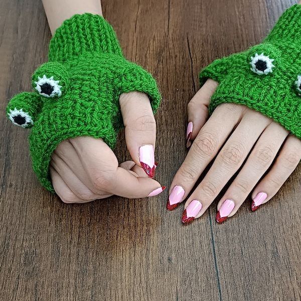 Handmade Sleeveless Frog Gloves, Frog Fingerless Gloves, Frog Mittens For Sale, Crochet Sleeveless Gloves For Girl, Crochet Hand Warmers