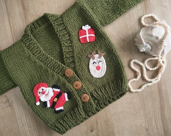 green christmas cardigan for sale, knitted cardigan for toddler, winter cardigan for kids, hand knit sweater for children