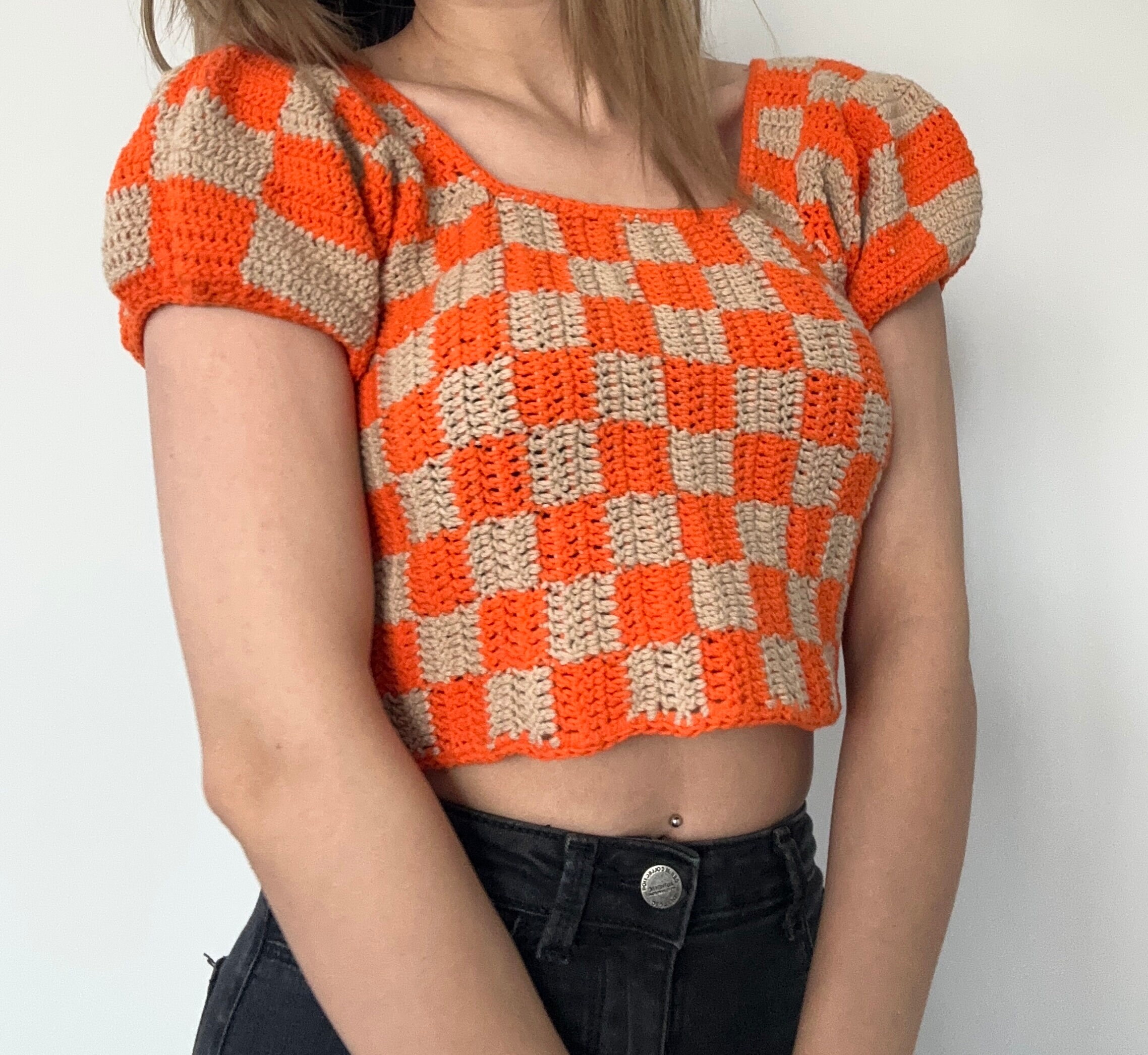 Orange-beige Colored Checkered Crop Top, Checkerboard Top, Crochet
