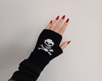 Schädel fingerlose Fäustlinge, schwarzer Strickhandschuh, Häkelhandschuh