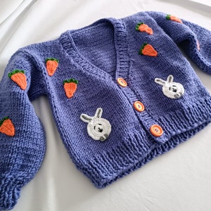 Crochet rabbit and carrot motif childrens cardigan for sale, knitted chunky baby cardigan, hand knit sweater for toddler image 1