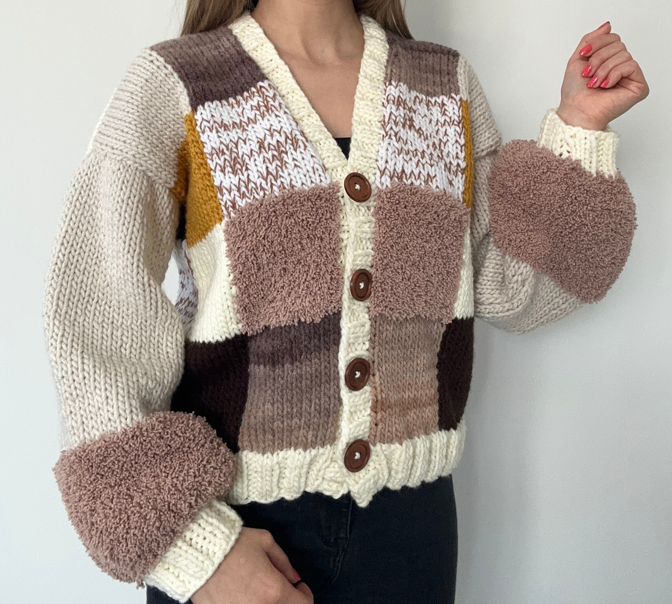 トップス UND MIX YARN PATCHWORK KNIT CARDIGAN Crochet Patchwork Cardigan, Multi Color Sweater - Etsy