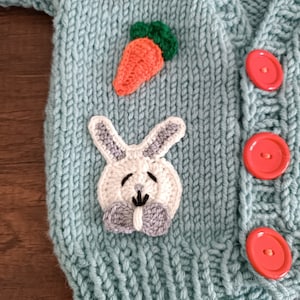 Crochet rabbit and carrot motif childrens cardigan for sale, knitted chunky baby cardigan, hand knit sweater for toddler image 4