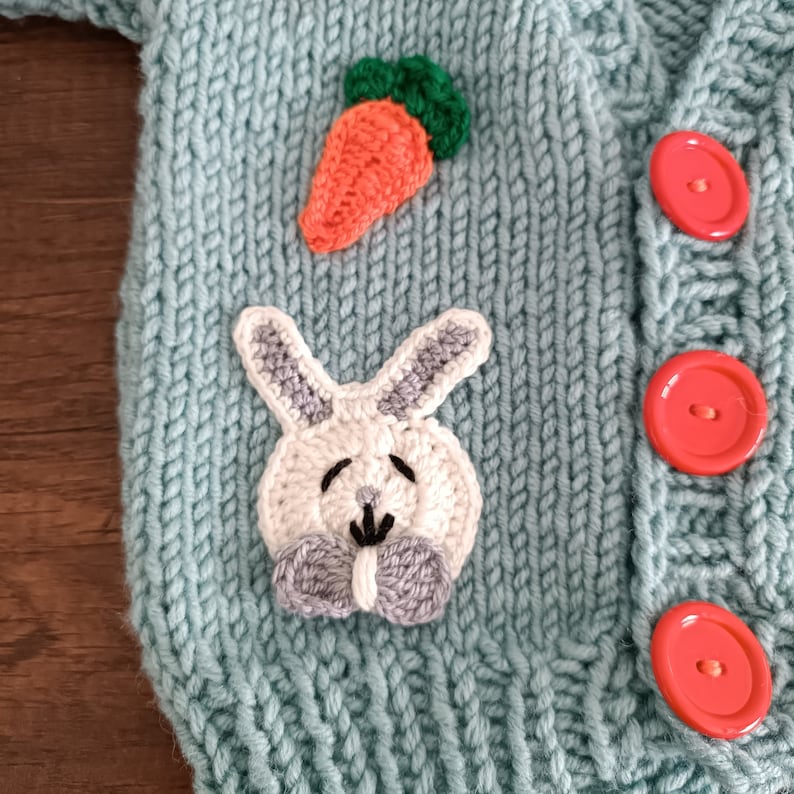 Crochet rabbit and carrot motif childrens cardigan for sale, knitted chunky baby cardigan, hand knit sweater for toddler image 4