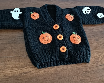 Skull, ghost and pumpkin motif cardigan for sale, black halloween cardigan for toddler, crochet cardigan for baby, chunky cardigan for kids