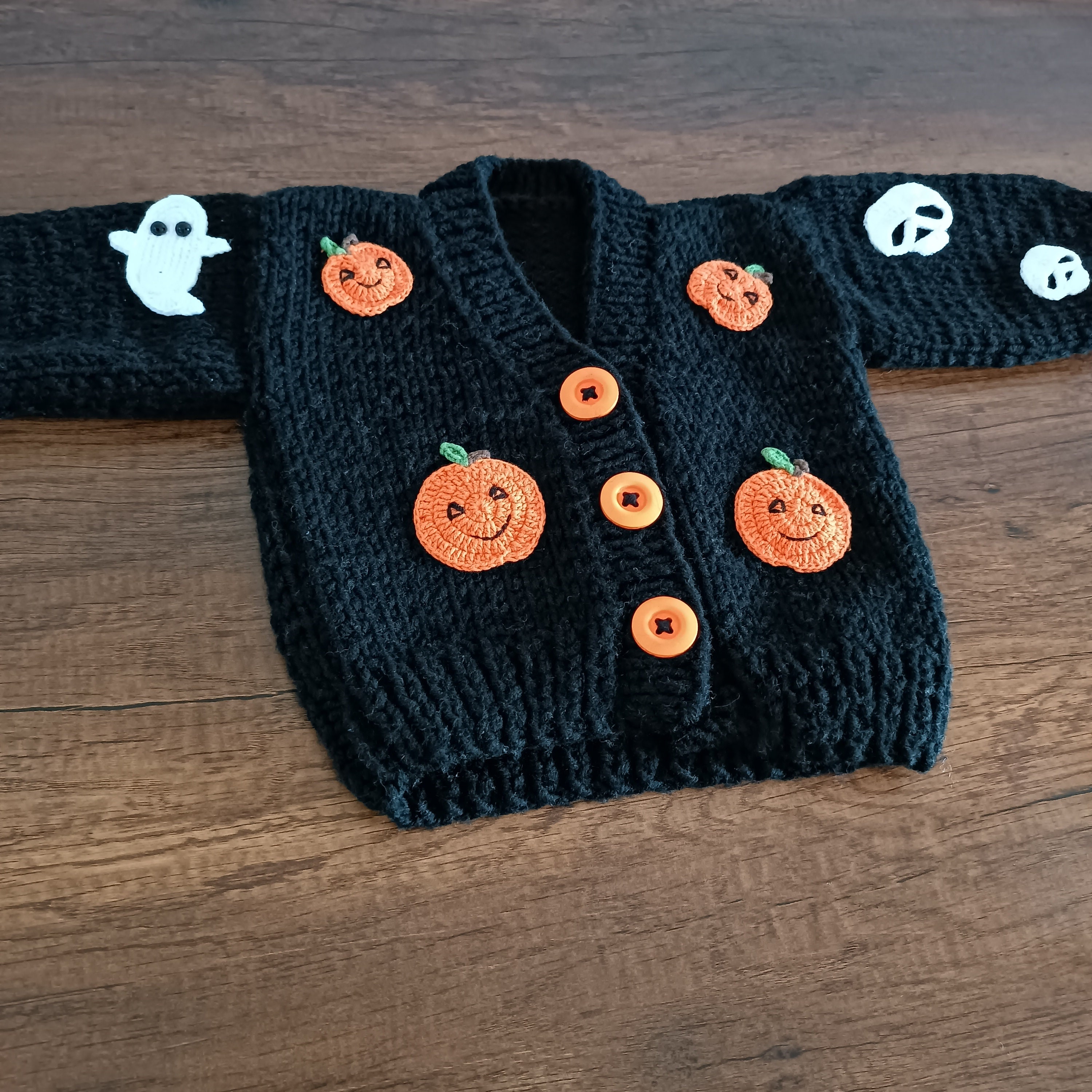 Skull ghost and pumpkin motif cardigan for sale Black halloween cardigan for toddler crochet cardigan for baby chunky cardigan for kids