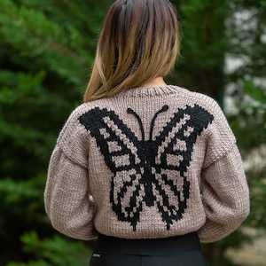 Hand Knit Butterfly Cardigan For Sale, Handmade Butterfly Sweater, Crochet Cardigan With Butterfly, Butterfly Embroidered Women&#39;s Cardigan