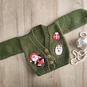 green christmas cardigan for sale, knitted cardigan for toddler, winter cardigan for kids, hand knit sweater for children image 3