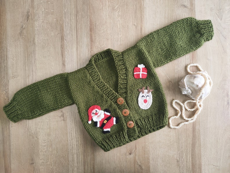 green christmas cardigan for sale, knitted cardigan for toddler, winter cardigan for kids, hand knit sweater for children image 3