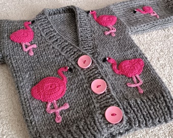 Flamingo sweater for sale, gray sweater with flamingo motifs, knitted cardigan for toddler, crochet sweater for children