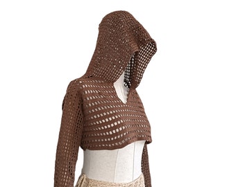 Crochet Hooded Women Top, Long Sleeve Y2k Top, Long Sleeve Summer Hoodie Top, Crochet Hooded Mesh Top, Knitted Fishnet Crop Top