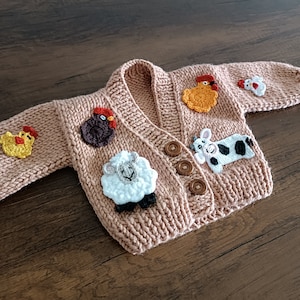 farm animals sweater for sale, sweater with sheep, cow, rooster, chicken and chick motifs, farm animals cardigan for kids, hand knit sweater