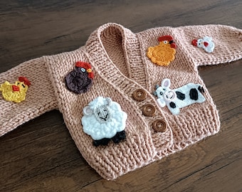 farm animals sweater for sale, sweater with sheep, cow, rooster, chicken and chick motifs, farm animals cardigan for kids, hand knit sweater