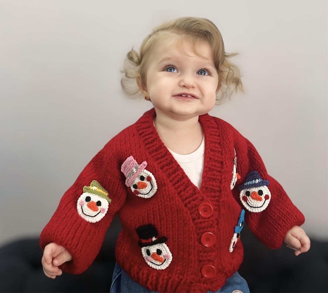 Cardigan per bambini con motivo pupazzo di neve, maglione rosso