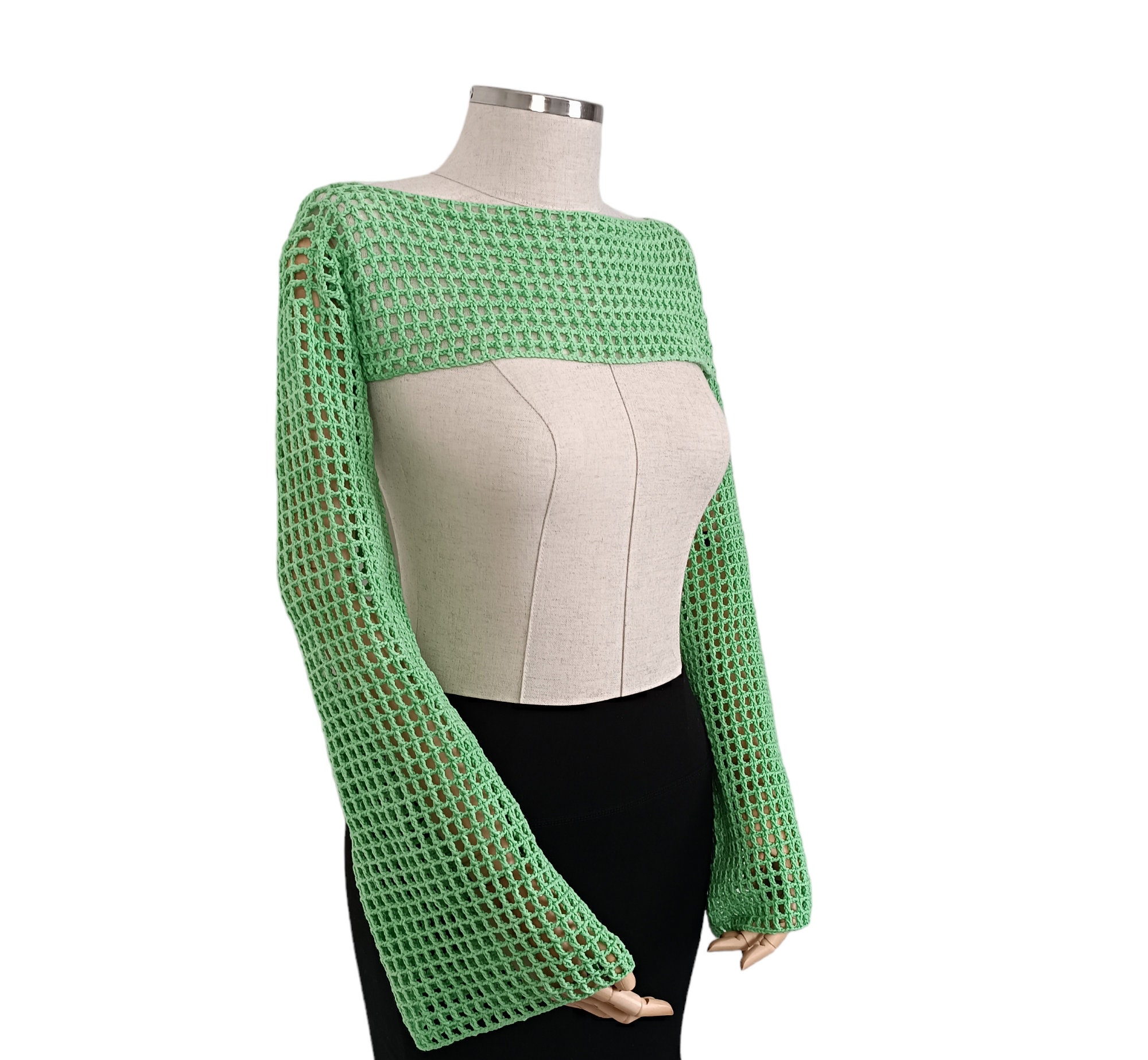 Crochet Fishnet Sleeves Crop Top, Y2k Knitted Crop Top, Long