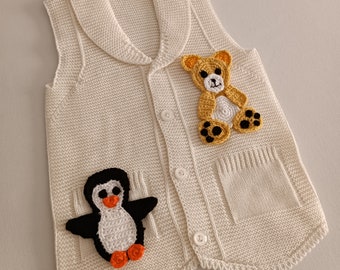 Knitted Vest With Penguin And Bear Motifs, White Kids Vest, Vests For Children