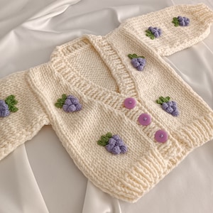 Grape motif knit baby cardigan for sale, crochet grape cardigan for children, knitted grape cardigan for kids, grape embroidery sweater