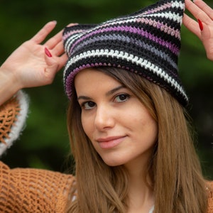 Crochet Colored Ear Beanie, Knitted Horn Beret For Sale, Handmade Cute Hat, Hand Knit Cat Hat, Crochet Ear Beret, Womens Crochet Hat