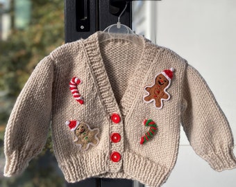 cream colored christmas cardigan for sale, Cookie man motif christmas sweater, christmas sweater for kids, winter sweater for toddler