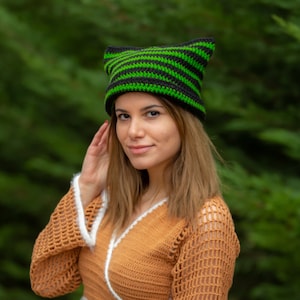 Knitted Green Black Ear Hat For Sale, Crochet Cat Hat, Ear Beanie, Crochet Winter Hat, Cat Ear Hat, Handmade Cat Ear Beanie
