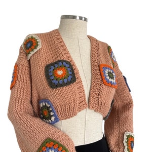 Chunky Hand Knit Cardigan, Patchwork Cardigan, Gift For Her, Crochet Women Sweater, Hand Knitted Cropped Cardigan