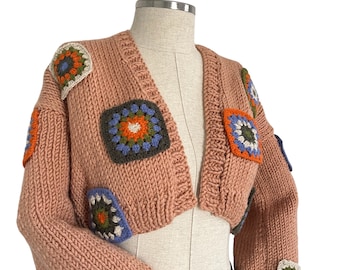 パッチワークカーディガン、ニットカーディガン、かぎ針編み