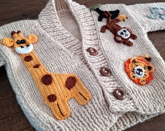 forest animals sweater for sale, knitted sweater for children, crochet kids sweater, elephant, monkey, lion, panda and giraffe motif sweater