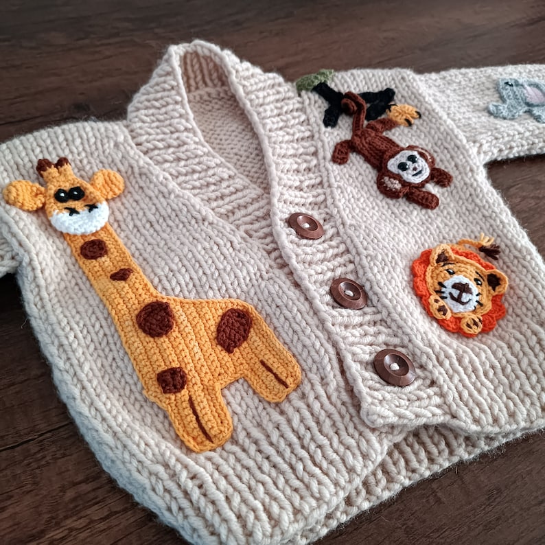 Pull animaux de la forêt à vendre, pull en tricot pour enfants, pull pour enfants au crochet, pull à motifs d'éléphants, de singes, de lion, de panda et de girafe image 2