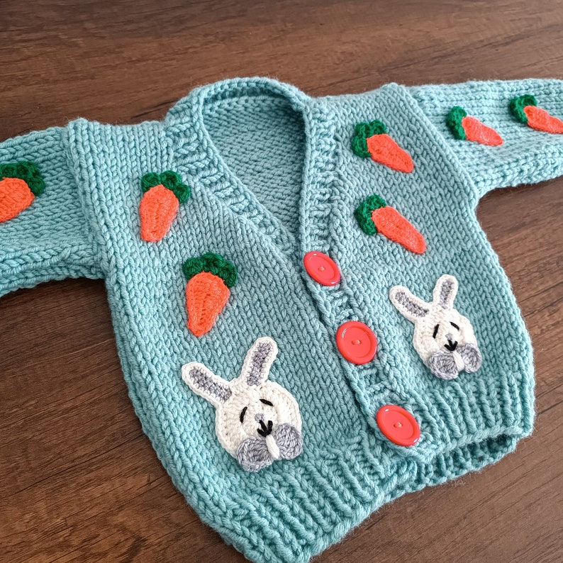 Crochet rabbit and carrot motif childrens cardigan for sale, knitted chunky baby cardigan, hand knit sweater for toddler image 2