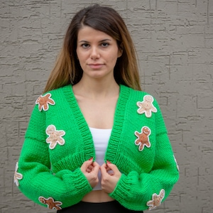 gingerbread man sweater for sale, cardigan for woman, handmade woman sweater, knitted sweater, winter cardigan, green women's sweater