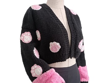 Cat Paw Knit Cardigan, Y2k Crop Sweater,  Knitted Cardigan With Pink Puff Detail Sleeves