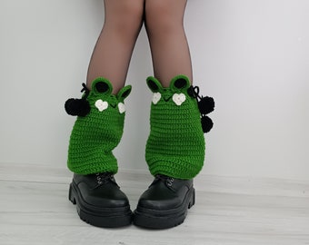 Crochet Frog Leg Warmers, Green Knitted Leg Warmers For Ladies, Y2k Cotton Leg Warmers, Hand Knitted Boot Cuff, Footless Leg Warmers